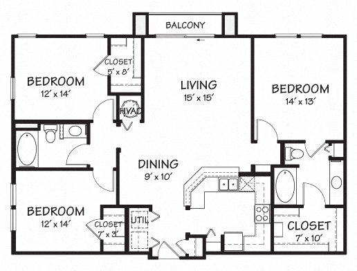 Floor plan for 3 beds, 2 baths, 1333 sqft